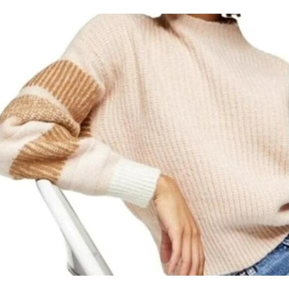 Topshop Womens Pullover Fuzzy Mock Knit Sweater Sz 4-6 Tan/Cream/Pink Stripe NWT - Picture 3 of 8